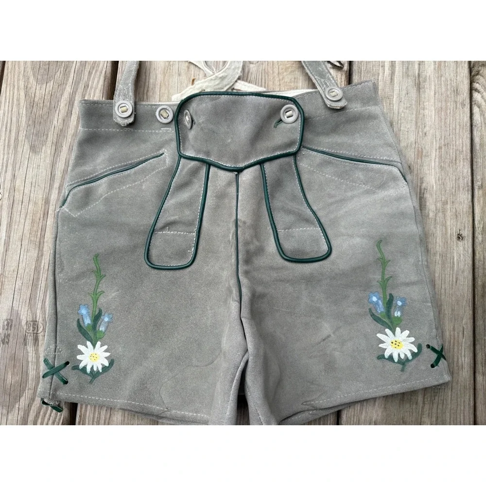 Genuine‎ Austrian Lederhosen Shorts Gray Green Embroidered Oktoberfest Size 12
